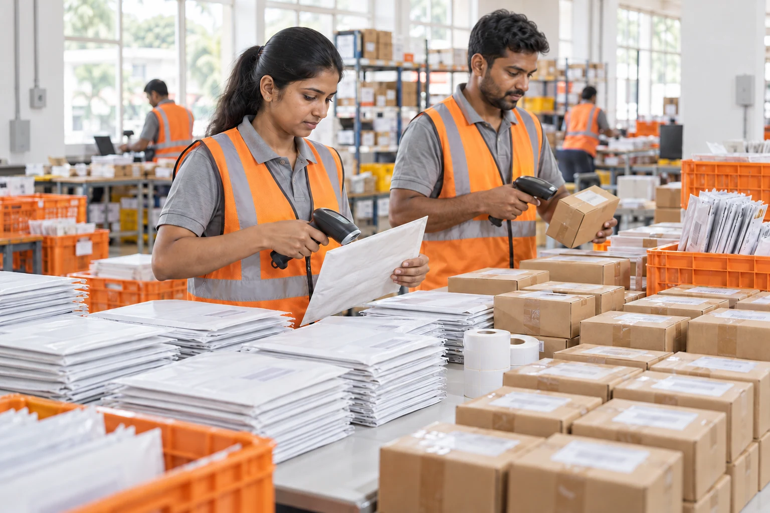 Bulk documents and parcels being scanned and grouped for dispatch