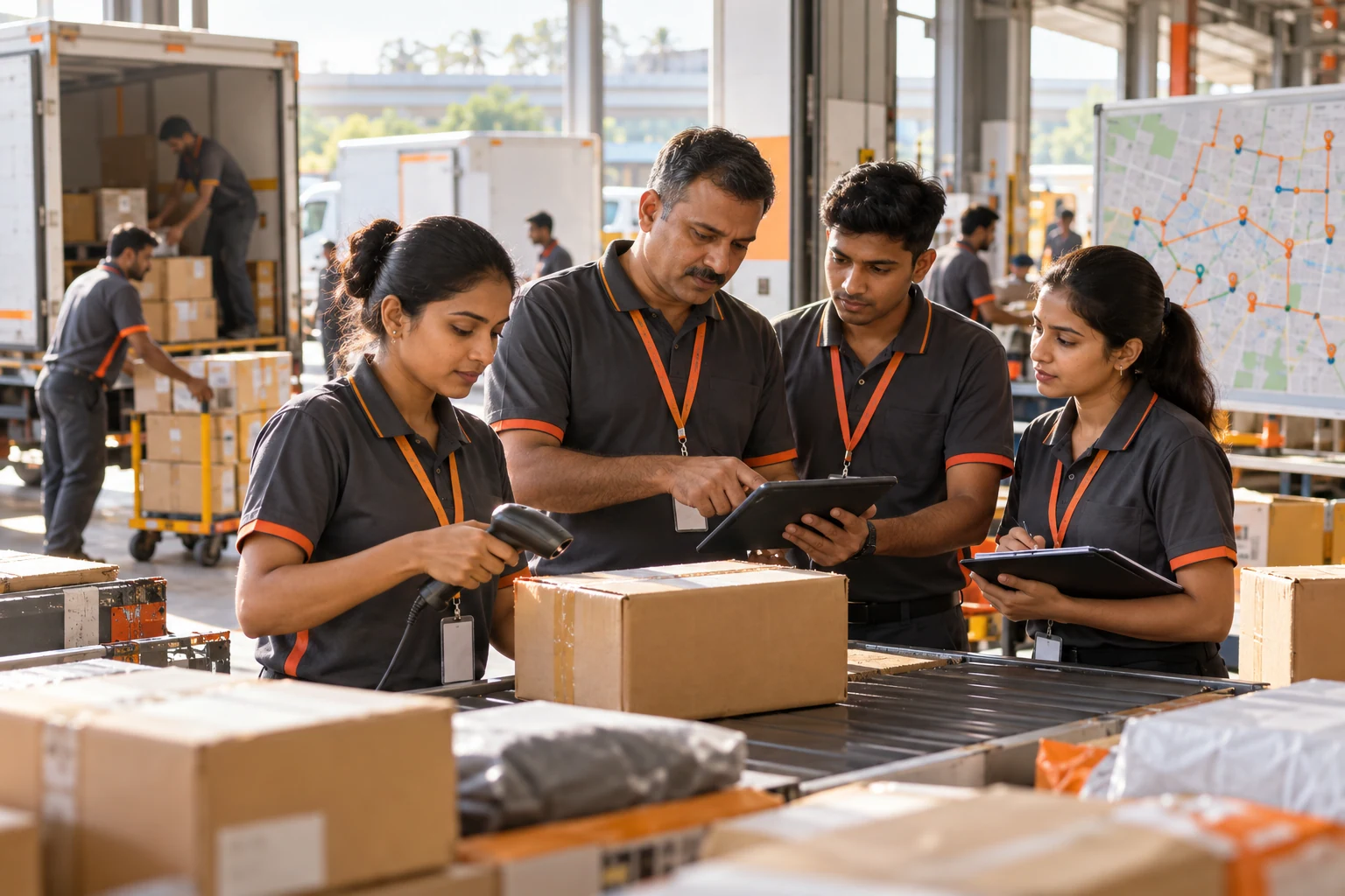 DVC logistics team reviewing parcel scans and routes in a busy hub