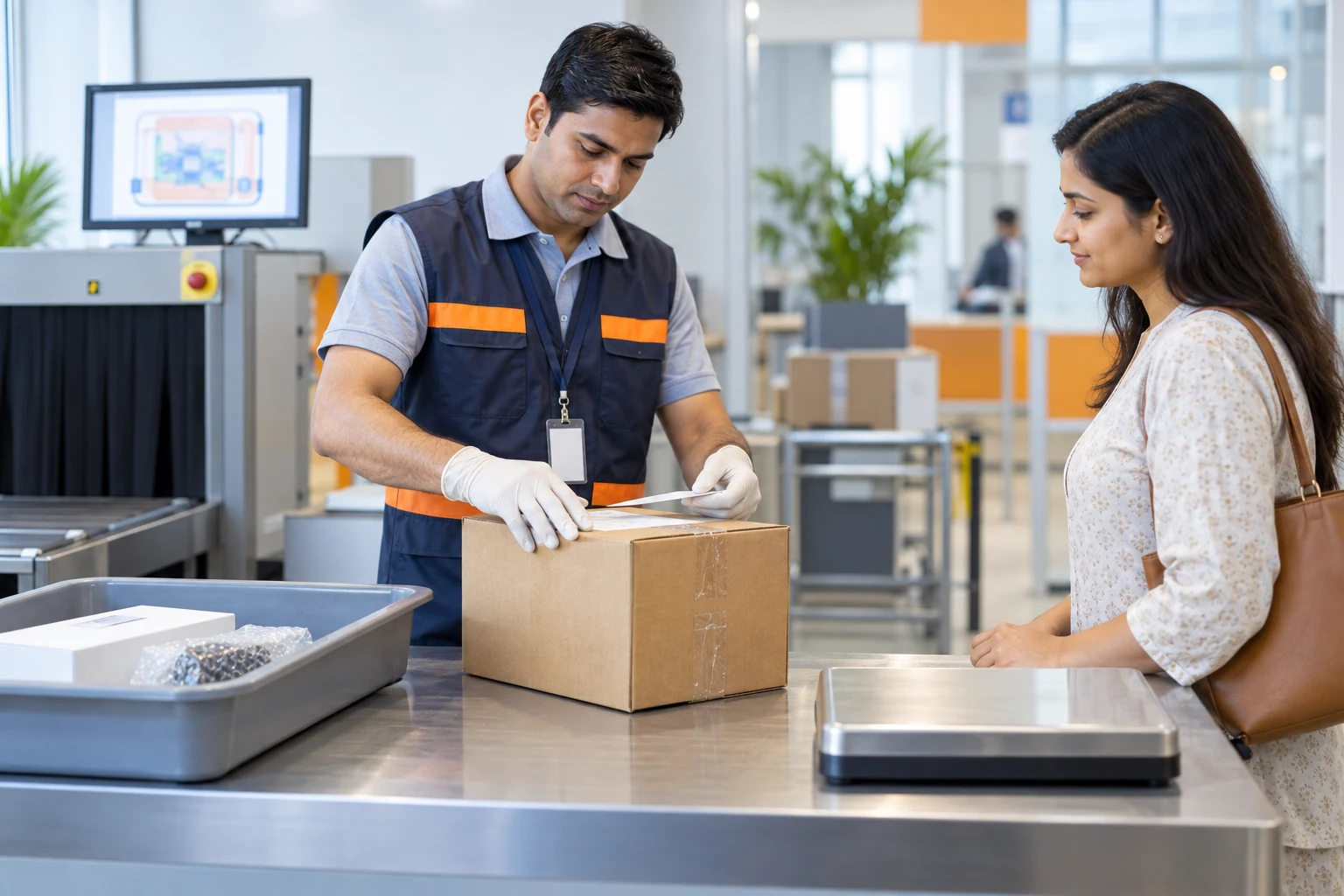 Courier employee checking a parcel with a customer before dispatch