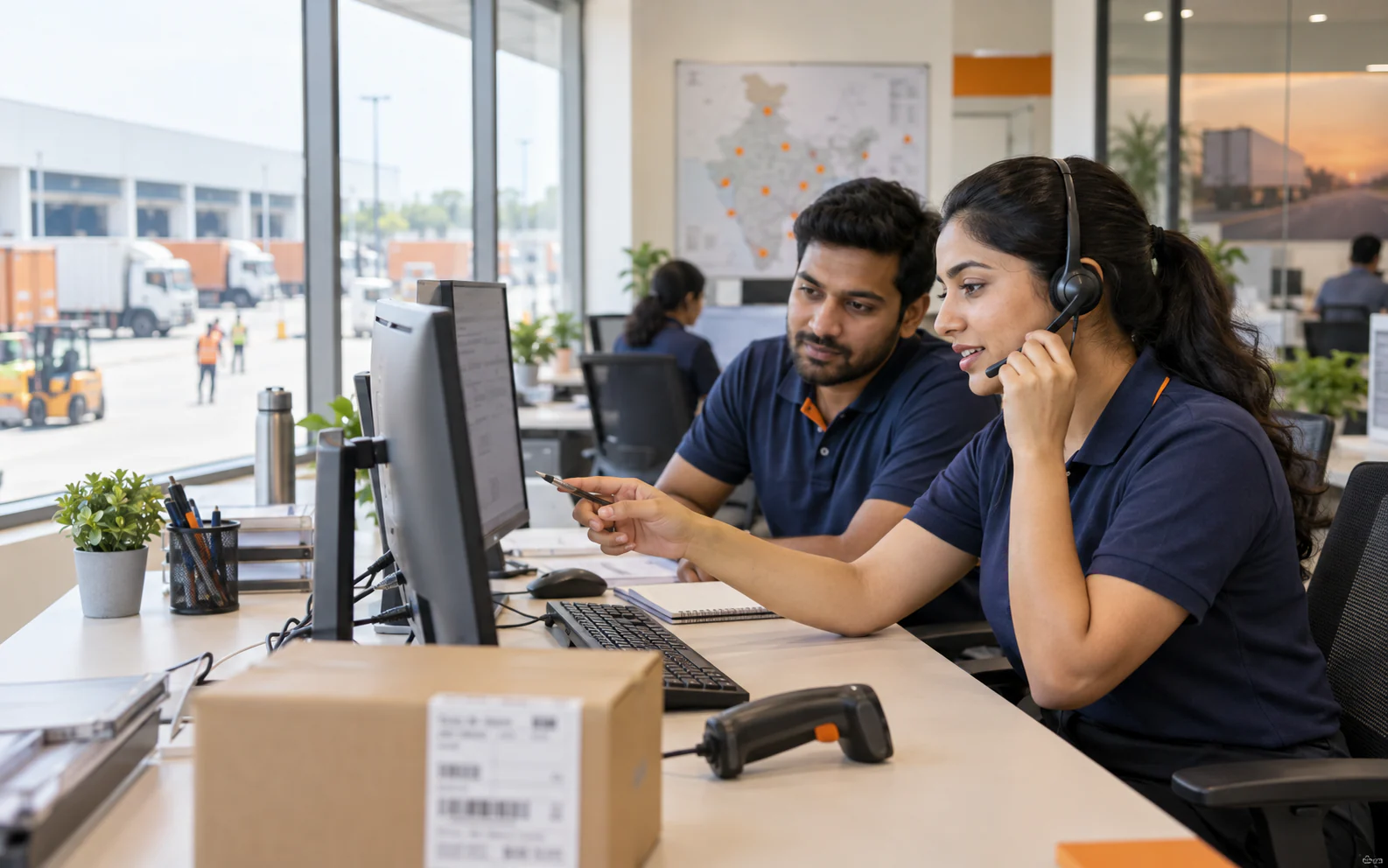 Logistics coordinators helping a customer from a bright operations office