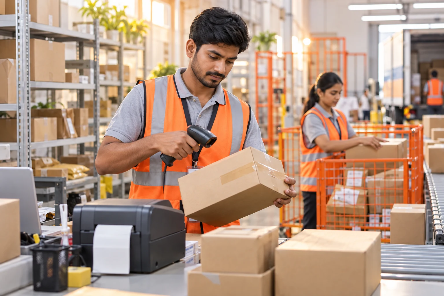 E-commerce parcels being scanned and prepared in a fulfilment operation