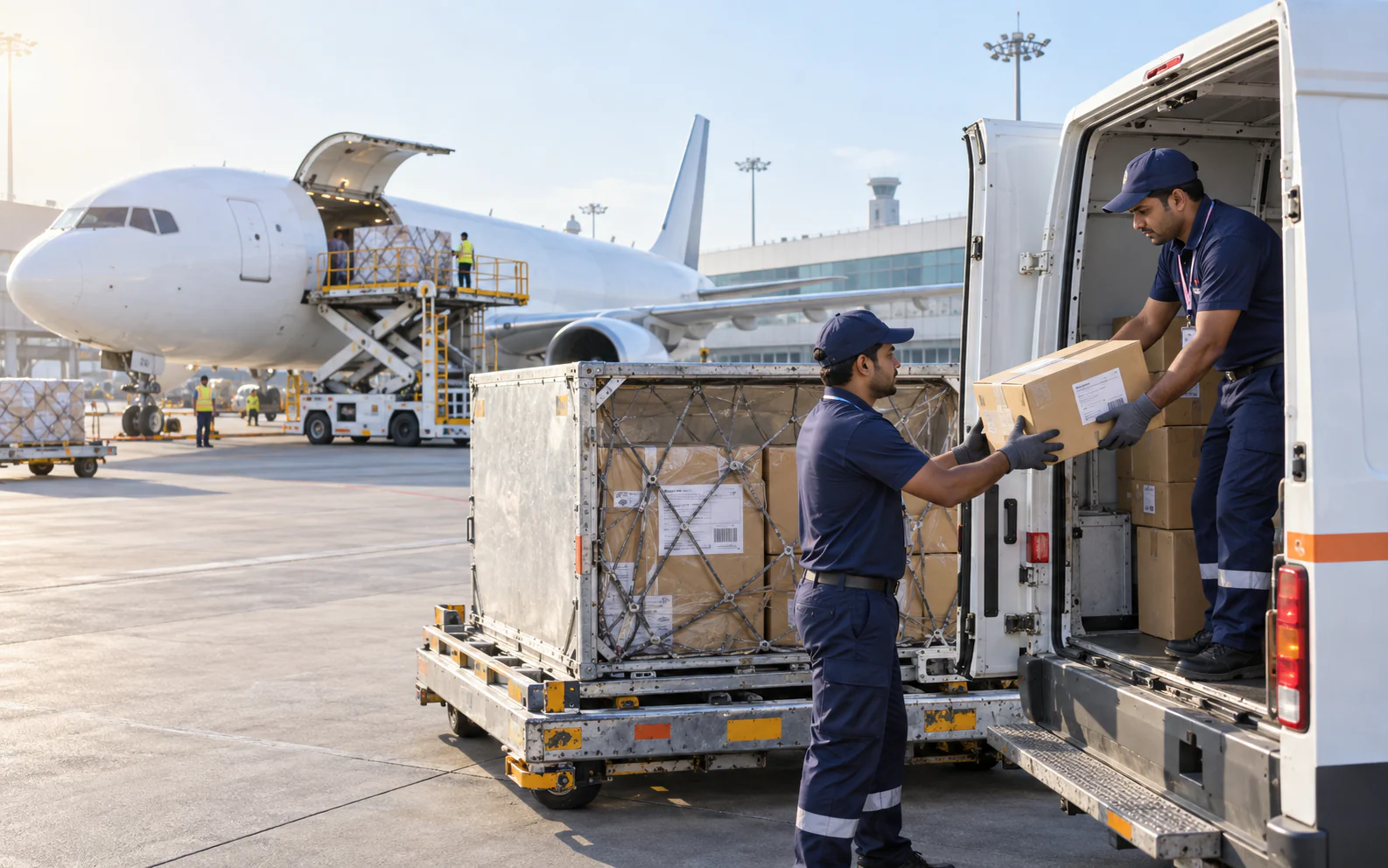 Courier team transferring international parcels for air dispatch