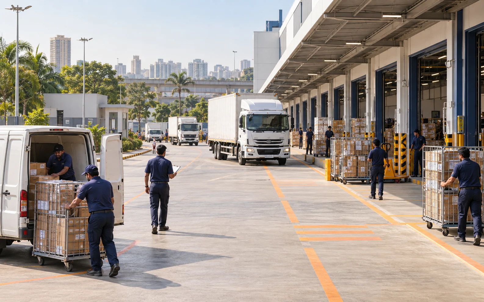 Courier vans, trucks and teams coordinating movement at an Indian distribution hub