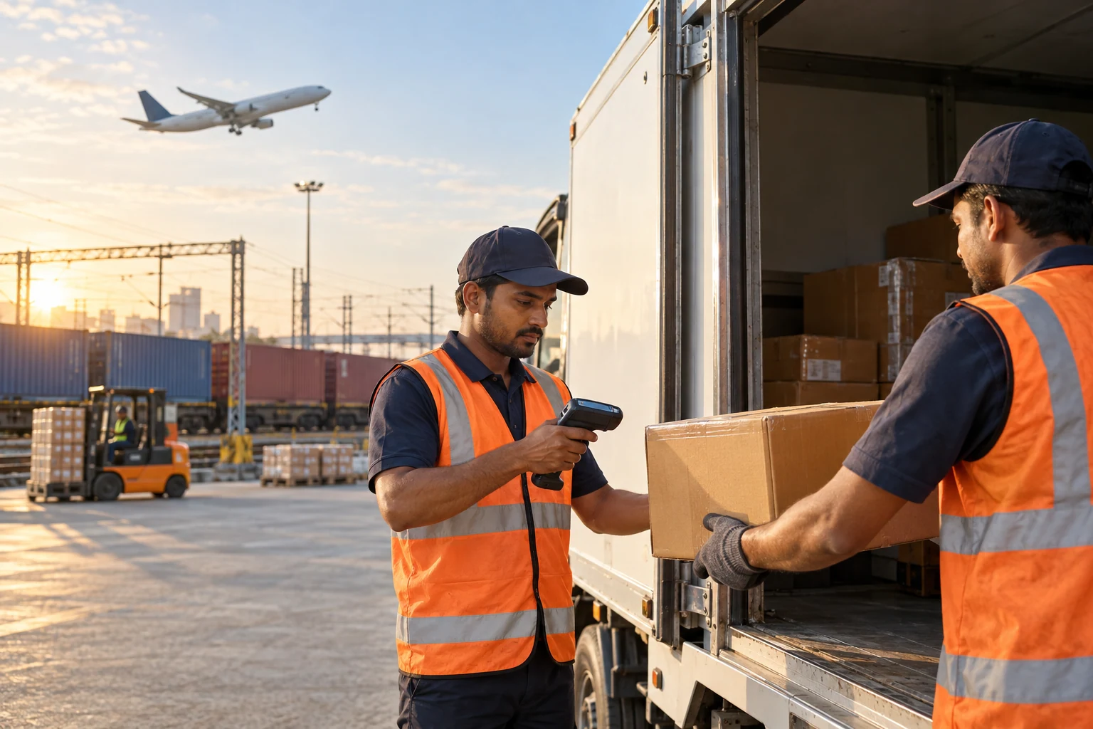 Courier team scanning parcels beside road, rail and air connections