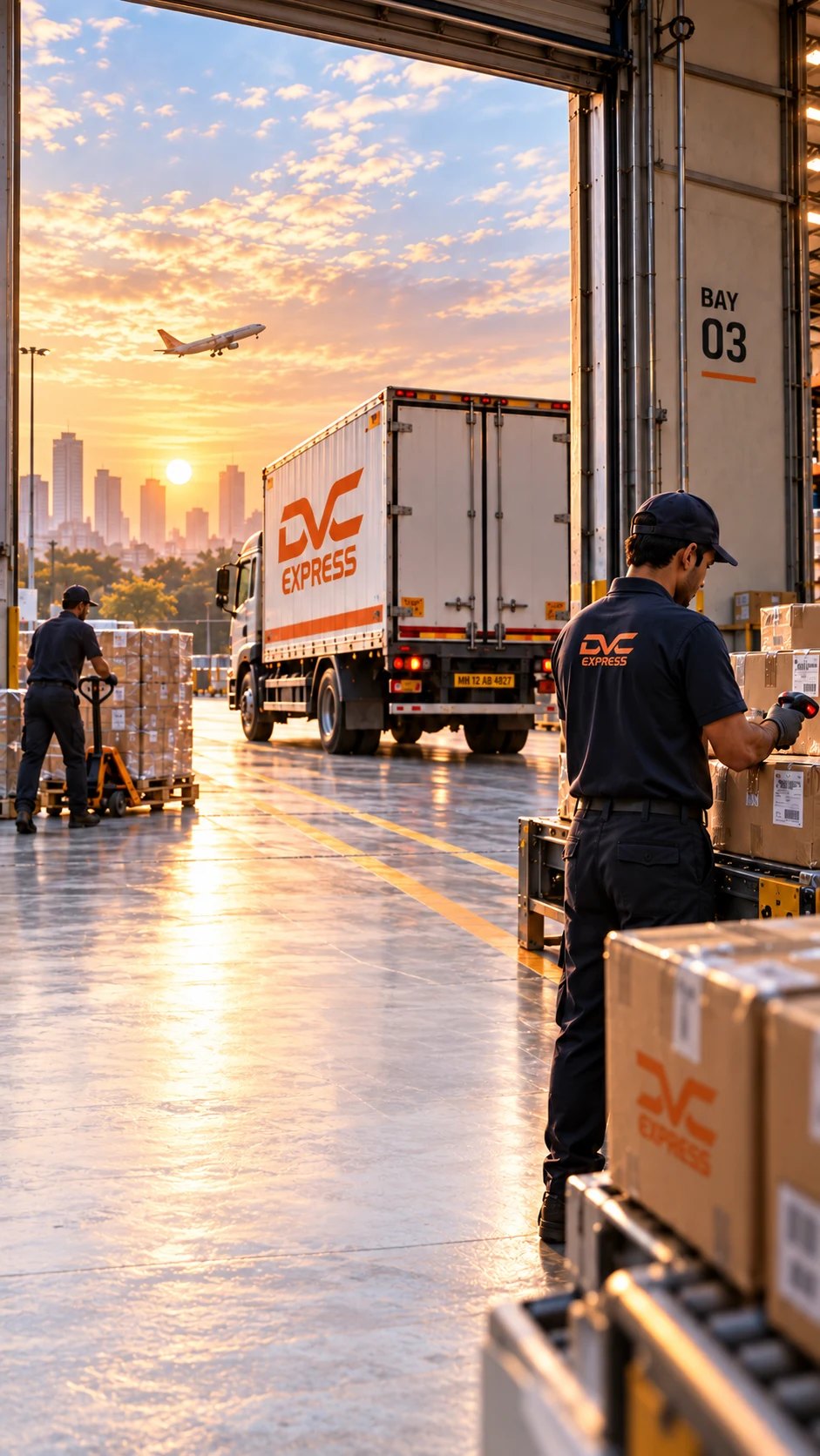DVC Express truck leaving a logistics hub while shipments are scanned